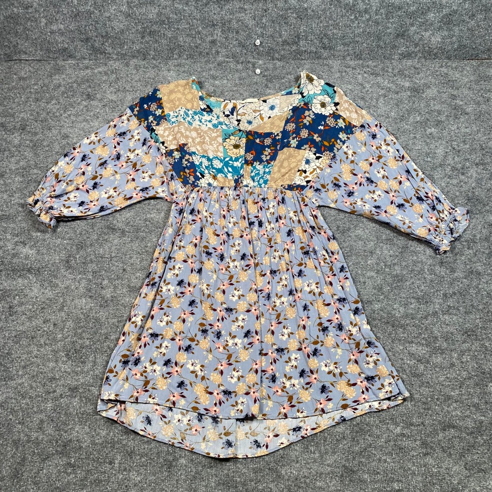 ODDI Blue Floral Patchwork Babydoll Mini Dress 3/4 Puff Sleeve V-Neck Large